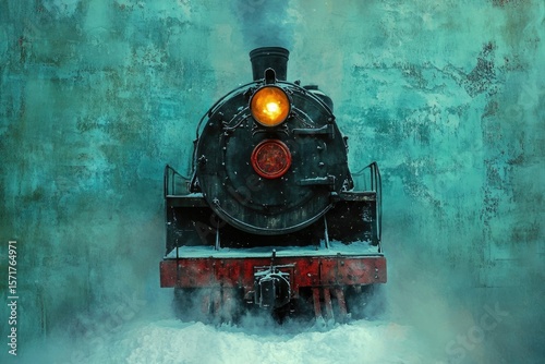 An old steam train is coming directly towards the camera with its headlight shining, with a textured, wintery aesthetic.