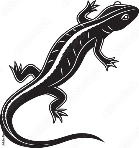 Black and white illustration of a stylized lizard in a simple graphic vector design