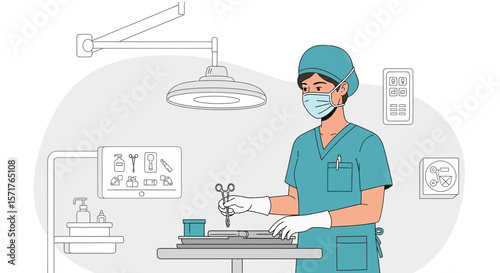 Operating Room Preparation By Female Surgeon With Surgical Instrument Ready Minimal