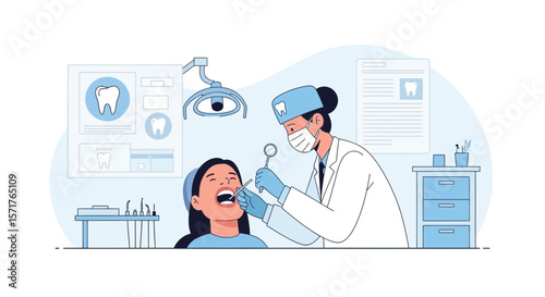 Dental Examination Female Patient Doctor Dentist Checkup Oral Hygiene Flat Vector