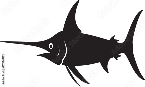 Black silhouette illustration of a swordfish swimming against a white background