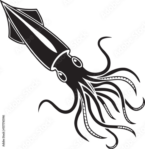 Bold black and white illustration of a swimming squid in simple graphic style design