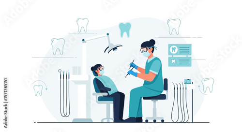 Dental Examination Process In The Dental Clinic For Caries Prevention Vector Illustration