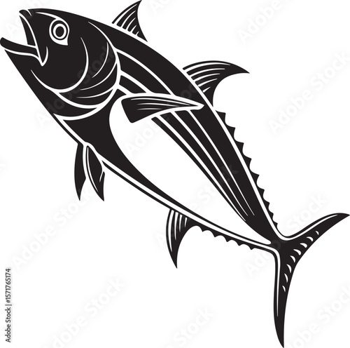 Detailed black and white illustration of a tuna fish swimming against a white background