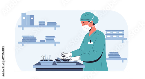 Operating Room Setup Depicts Medical Professional Preparing Instruments for Operation