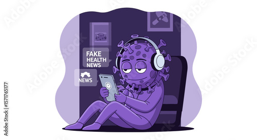 Virus Character Consuming Misinformation While Listening To Music At Home