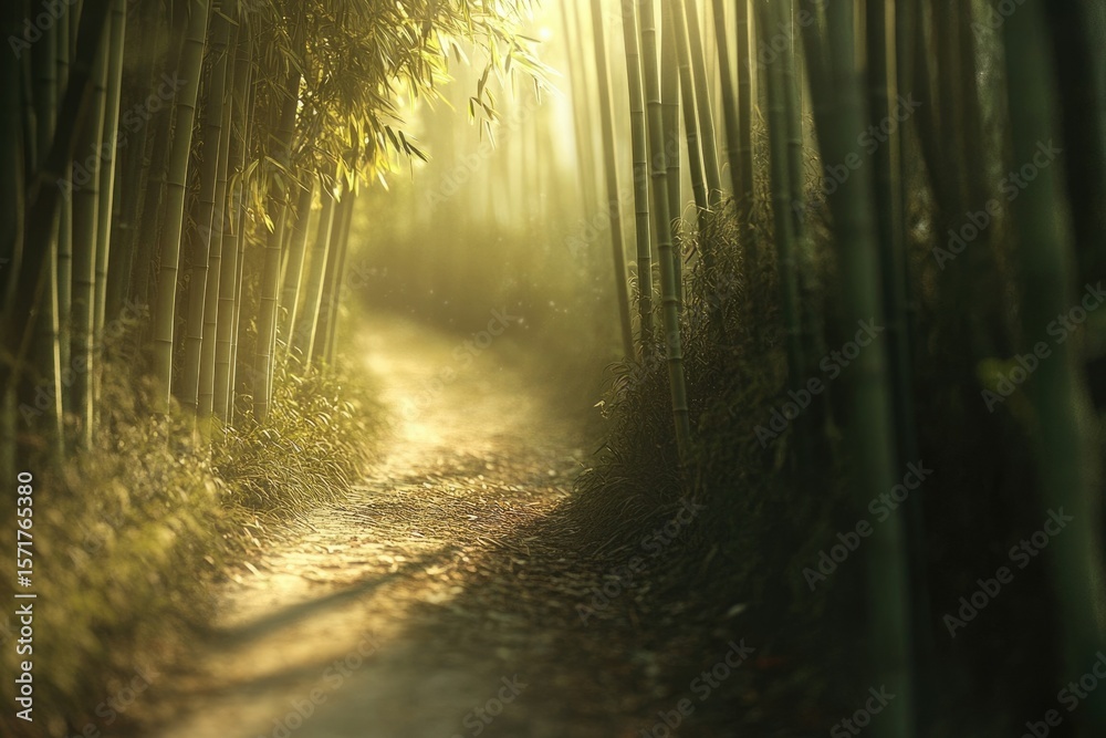 Naklejka premium Sunlight filters through a serene bamboo forest, illuminating a winding path on the ground, creating a peaceful scene.