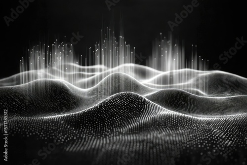 Abstract black and white landscape with digital waves and light beams, technology concept.