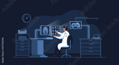 Dentist Examining Dental Radiographs At His Workplace On Computer Screens At Night