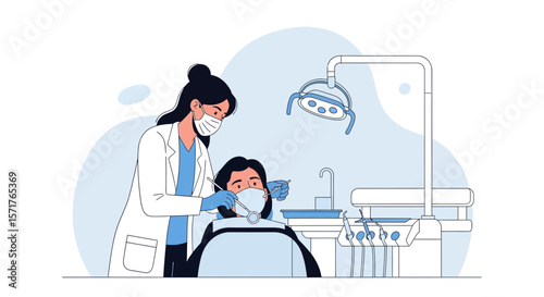 Dentist Examining Patient With Protective Gear In Dental Clinic Illustration