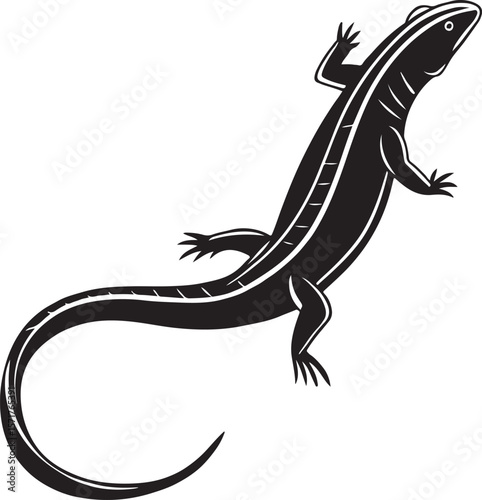 Stylized black and white illustration of a lizard reptile on a clean white background
