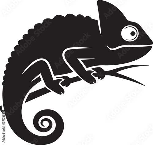 A simple black and white silhouette of a chameleon perched on a branch