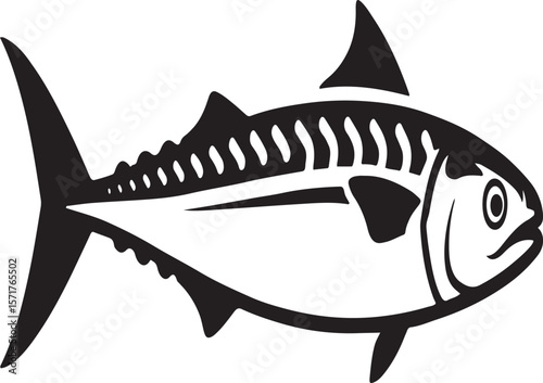 Bold black and white illustration of a mackerel fish isolated on white background