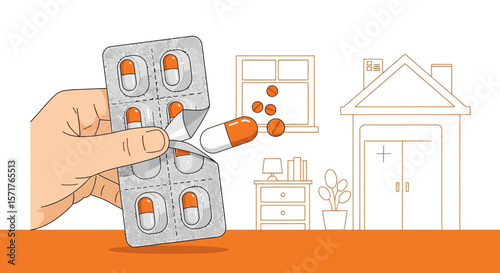 Hand Extracting Capsule From Blister Pack With Hospital Scene Illustration