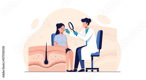 Dermatologist Examines Patient Skin With Magnifying Glass In Clinic Concept