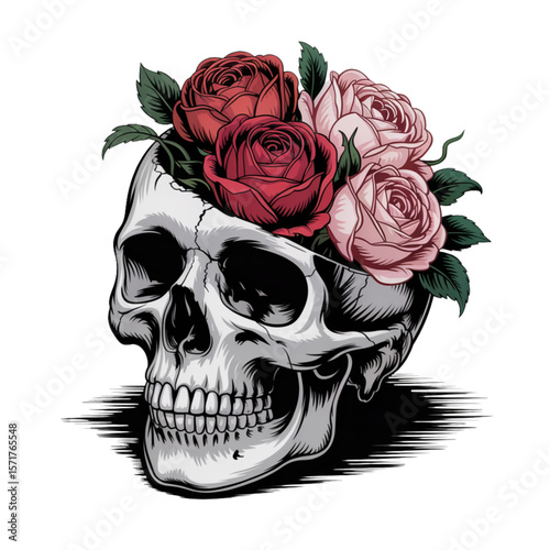 Skull half with roses. Vector illustration of gothic floral skull design, dark tattoo clip art, creepy human skeleton face, floral death symbol, horror flower artwork, Halloween poster concept