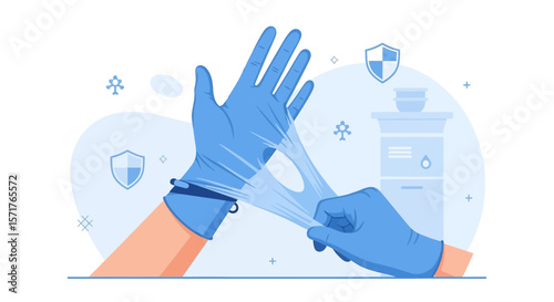 Hands Putting On Protective Gloves Illustrative Representation For Hygiene And Safety