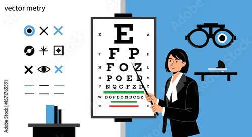 Vision Exam Illustration With Optometrist And Eye Test Chart For Visual Acuity