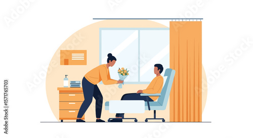 Visiting Loved One In Hospital Room With Bouquet Flower Illustration