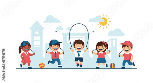 Happy Children Playing Together Jumping Rope And Playing Ball In The Park