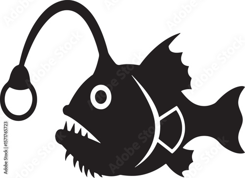 Simple black silhouette of an anglerfish depicting a deep sea creature with its bioluminescent lure