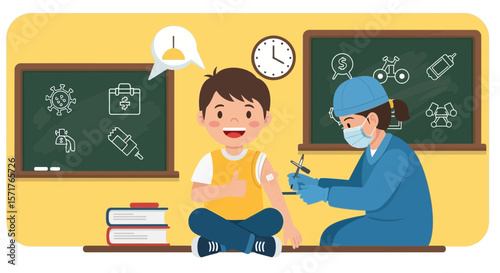 Happy Child Receives Covid Vaccine From Healthcare Professional In Classroom Setting