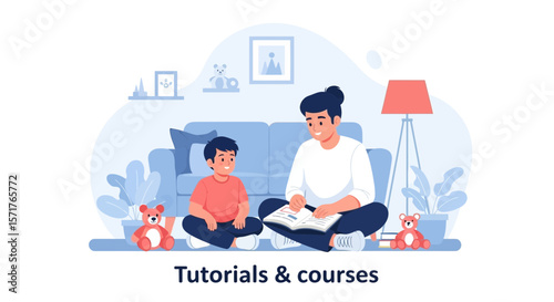 Happy Family Bonding Moment Young Father Reads To His Son Home Education