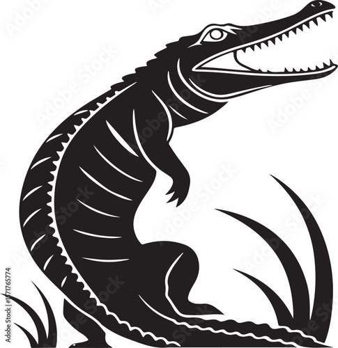 Stylized black and white illustration of an aggressive alligator in silhouette