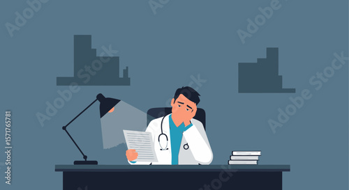 Overworked Doctor Feeling Stress And Exhaustion Holding Medical Report At Desk