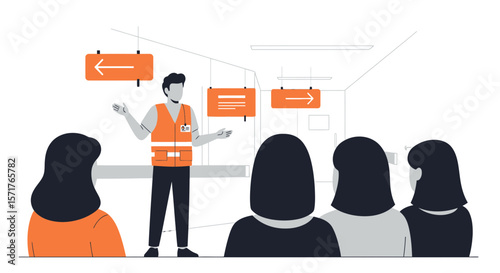 Diagram Of Male Presenter With Information, Guidance And Direction Concept