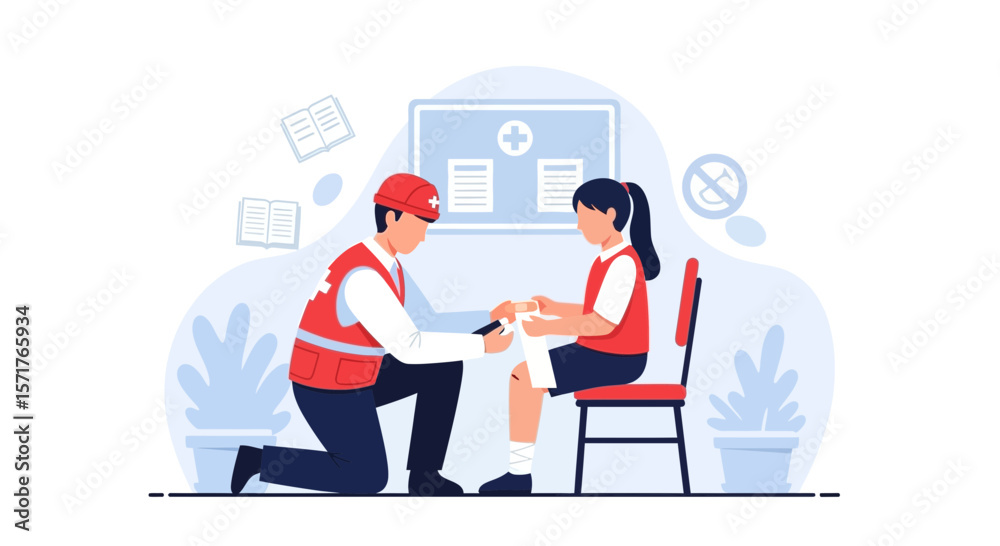 Obraz premium Paramedic Treating A Injured Schoolgirl In First Aid Training Session Illustration
