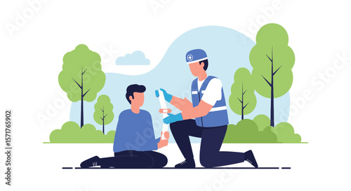 Paramedic Provides First Aid Outdoors Cartoon First Aid Treatment Emergency Help