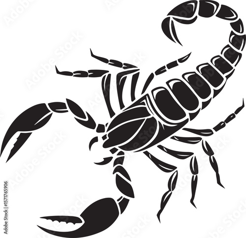 Black and white vector illustration of a detailed scorpion against a clean white background