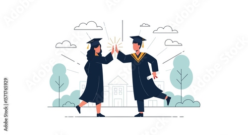 Happy Graduates Celebrate Milestone With High Five In Front Of The University