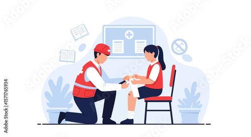 Paramedic Treating A Injured Schoolgirl In First Aid Training Session Illustration