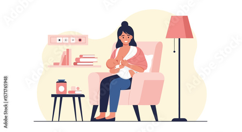 Happy Mother Breastfeeding Baby Girl in Living Room Armchair