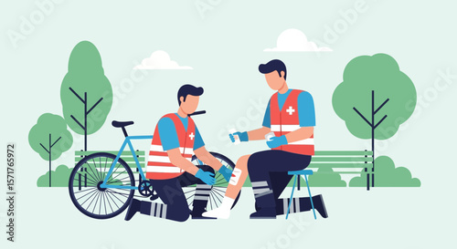 Paramedics Attending To A Cycling Accident Injury In Green Park Scenery