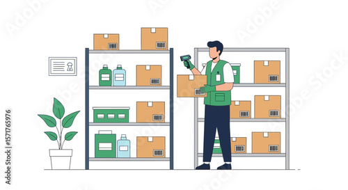 Warehouse Worker Scanning Boxes On Shelves For Inventory Management and Logistics