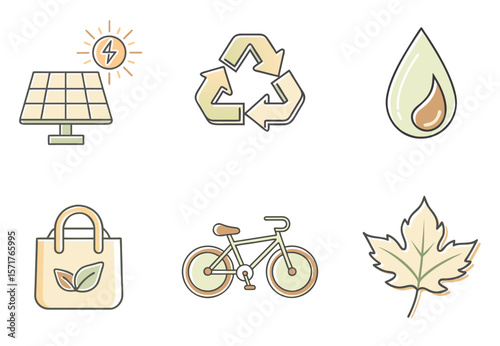 A set of icons for the environment, including a bicycle, a leaf, a bag, and a water droplet