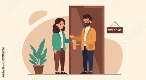 Welcoming Host Greets A Guest At Home Entrance With Generosity