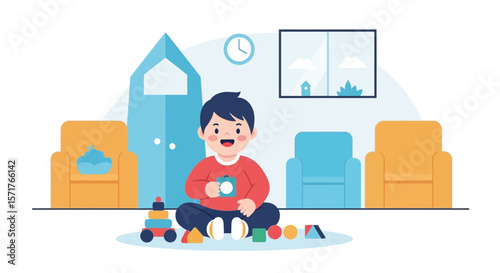 Happy Toddler Playing With Toys At Home Early Learning Concept Illustration