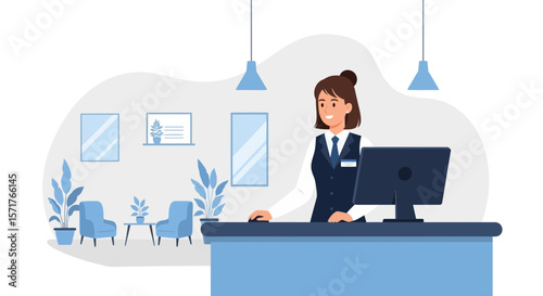 Welcoming Hotel Receptionist Helping Guests At The Front Desk Service