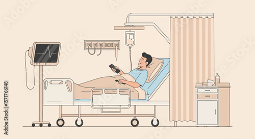 Patient Relaxing in Hospital Bed with Healthcare Technology and Medical Assistance