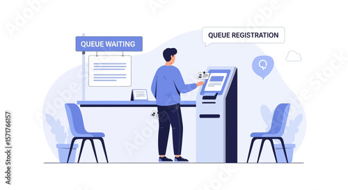 Digital Registration Kiosk With Queue Waiting Concept In Light Blue Color Scheme
