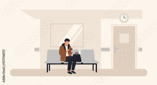 Patient Using Phone While Waiting In Hospital Area Indoor With Clock