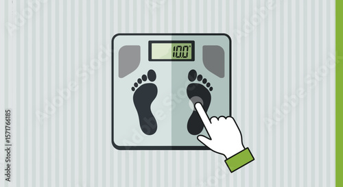 Digital Scale With Footprints And Hand Pressing Icon Health Awareness Concept