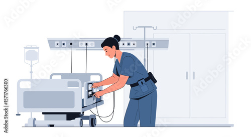 Healthcare Professional Adjusting Settings On Medical Equipment In A Hospital Room