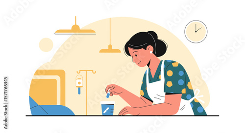 Diligent Nurse Preparing Medication Dose For Patient in Hospital Room Illustration