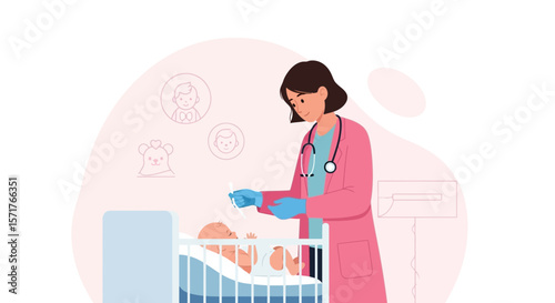 Healthcare Professional Administering Medication to a Newborn Infant in a Pediatric Crib