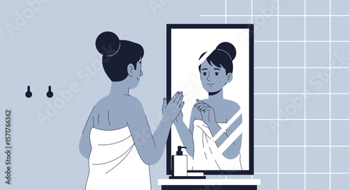 Woman Admiring Herself In The Mirror Wrapped In A Towel At Home